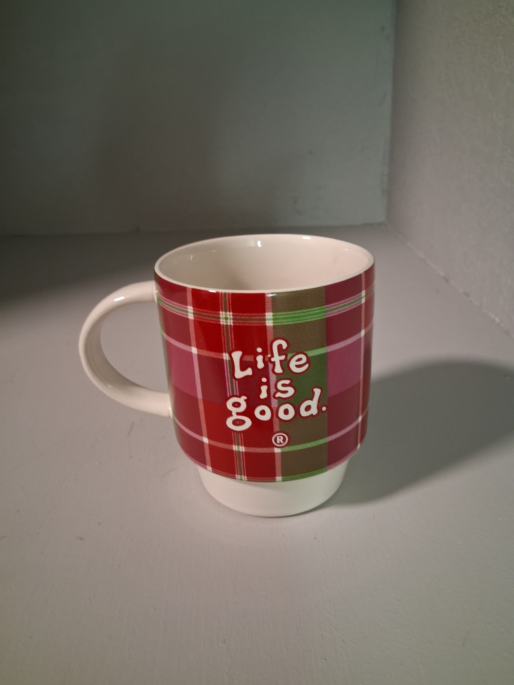 Life Is Good Red Plaid Coffee Mug Ceramic Holiday Tartan Cup EUC No Chips